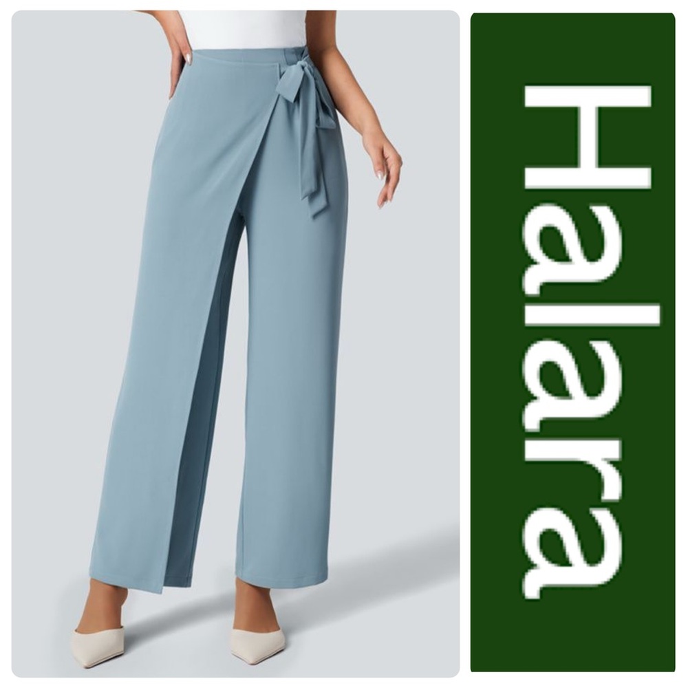 HALARA Blue High Waisted Tie Side Wide Leg Work Pants